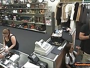 Latina Flight Attendant gives Pawnshop owner a bj in public