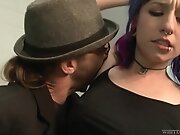 teen 18+ dressed in stockings receives a facial from lover