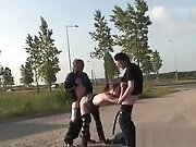 Two horny guys and one girl having hot threesome fuck...