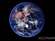 Earth orbit. Sci-fi sex android plays with a hot young...