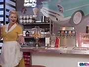 Busty milf waitress licks ebony customers pussy in her diner