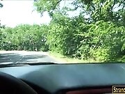 Hitchhiking couple picked up and fucking in the backseat