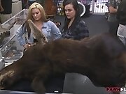 Lesbian couple fucking with pawnkeeper to earn extra money
